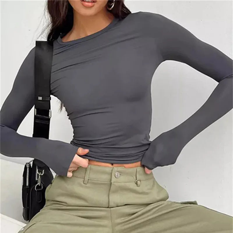 Klassisches Damen Langarm-T-Shirt für Frühling und Herbst – Schlanker Fit, Casual Basic Tee für Y2K Style und Streetwear, Bequeme Pullovers