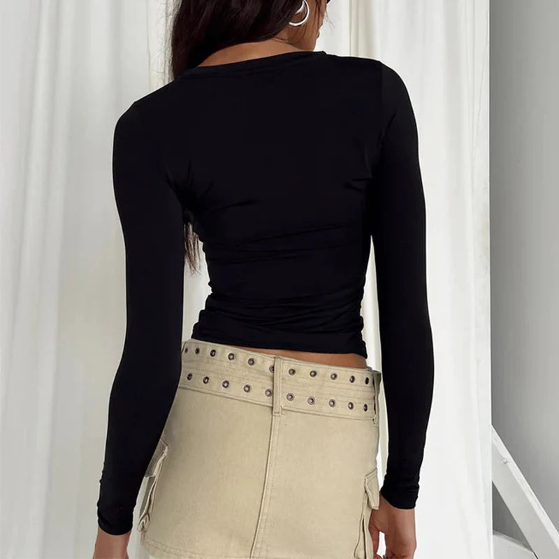 Klassisches Damen Langarm-T-Shirt für Frühling und Herbst – Schlanker Fit, Casual Basic Tee für Y2K Style und Streetwear, Bequeme Pullovers