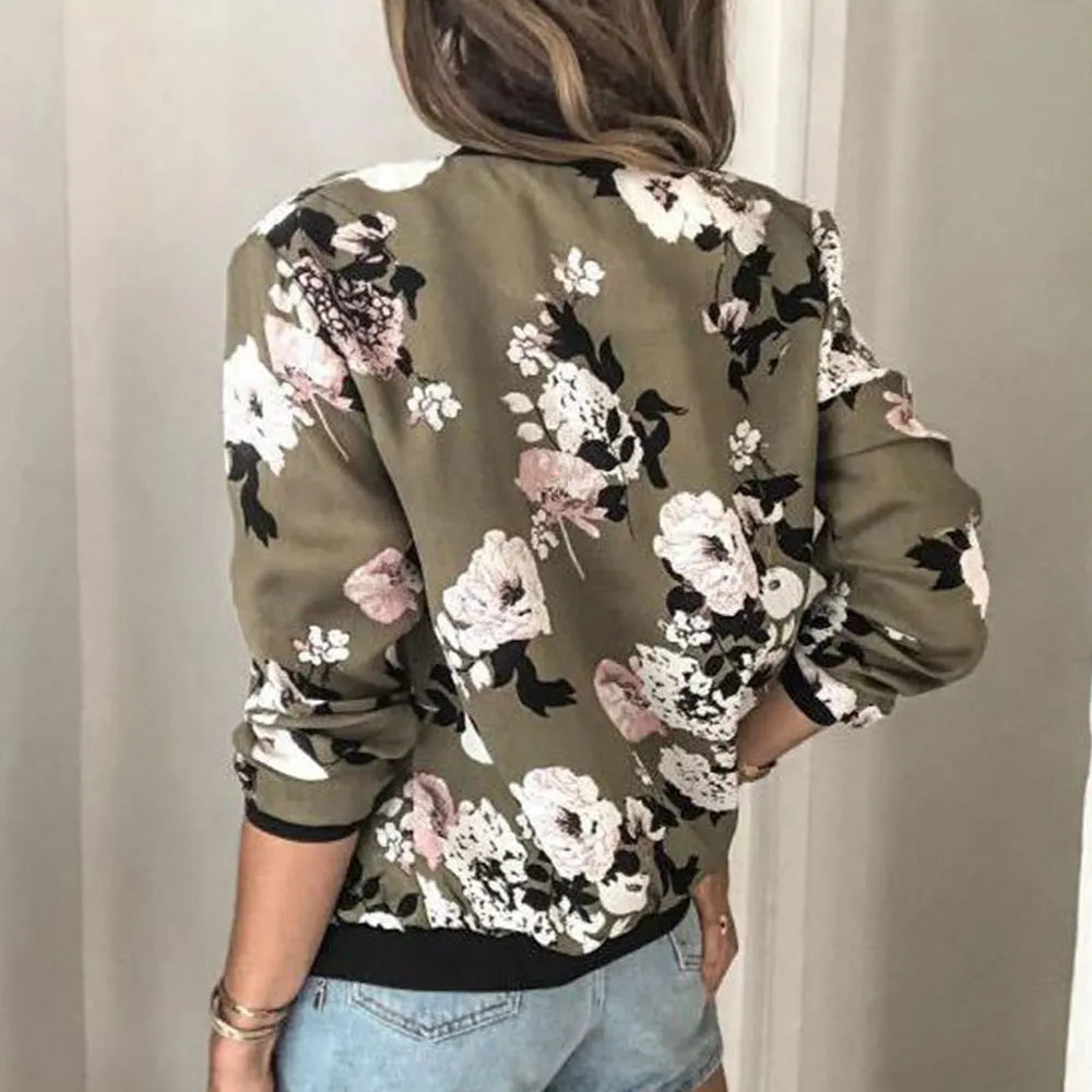Jocoo Jolee Damen Elegante Bomberjacke mit Reißverschluss – Blumendruck-Jacke für Frühling und Herbst, Slim Fit Office Coat im Retro-Stil