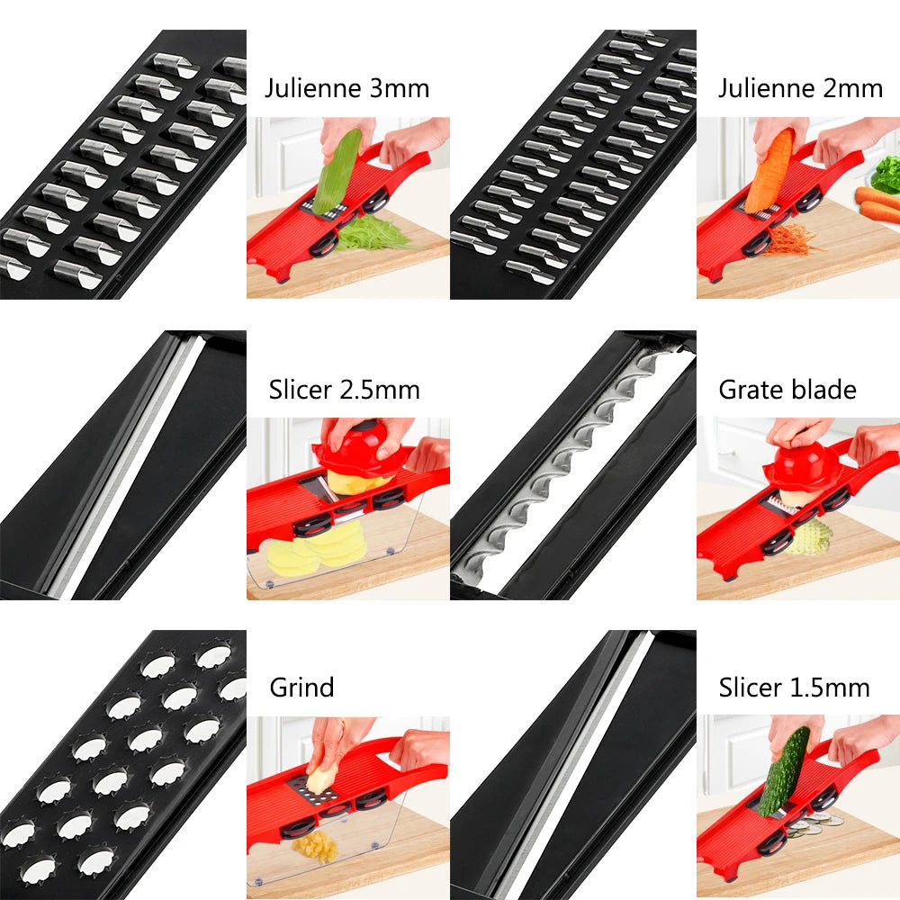 6-in-1 Küchengadget-Set – Mandoline-Slicer, Mehrzweck-Gemüsehobel, Obstschneider und Reibe mit 6 Klingen für müheloses Schneiden und Raspeln