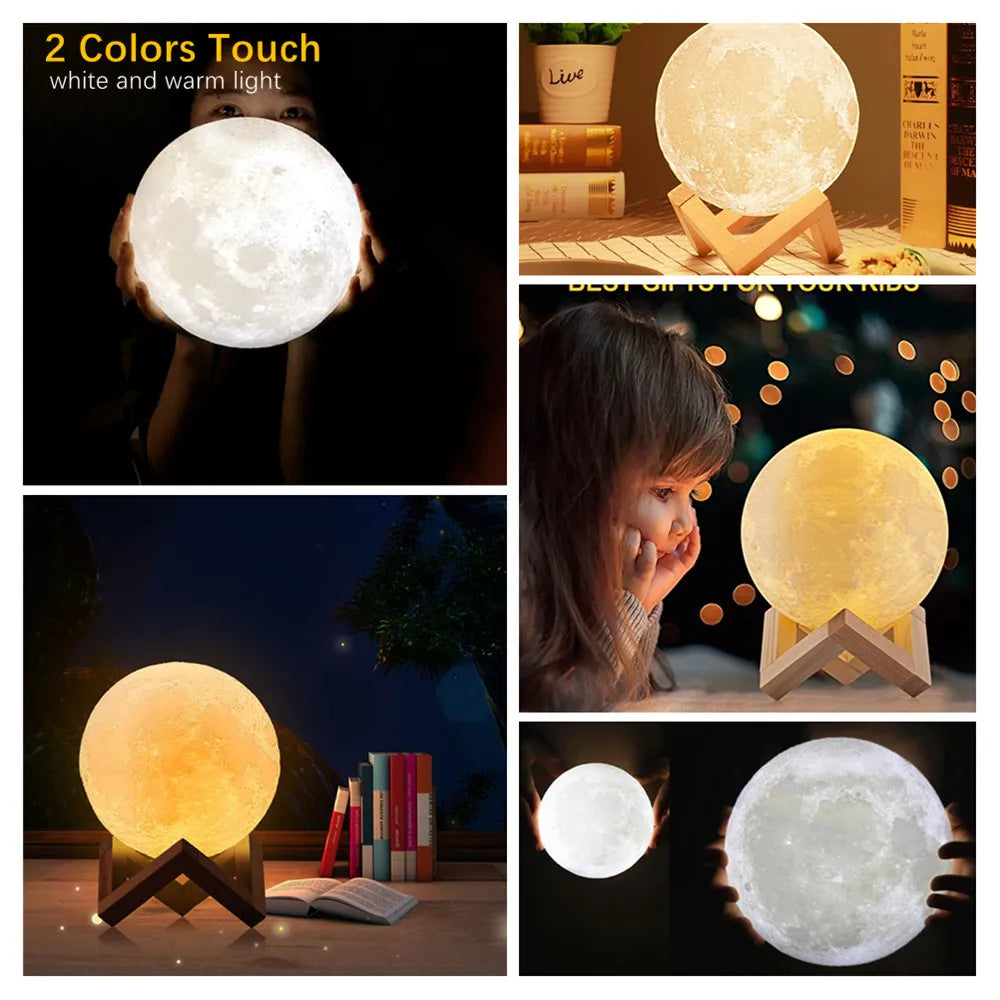 3D Mondlampe - Gedrucktes LED-Nachtlicht mit Fernbedienung/Touch, Mondlicht-Globus mit Holzbasis für Zimmerbeleuchtung