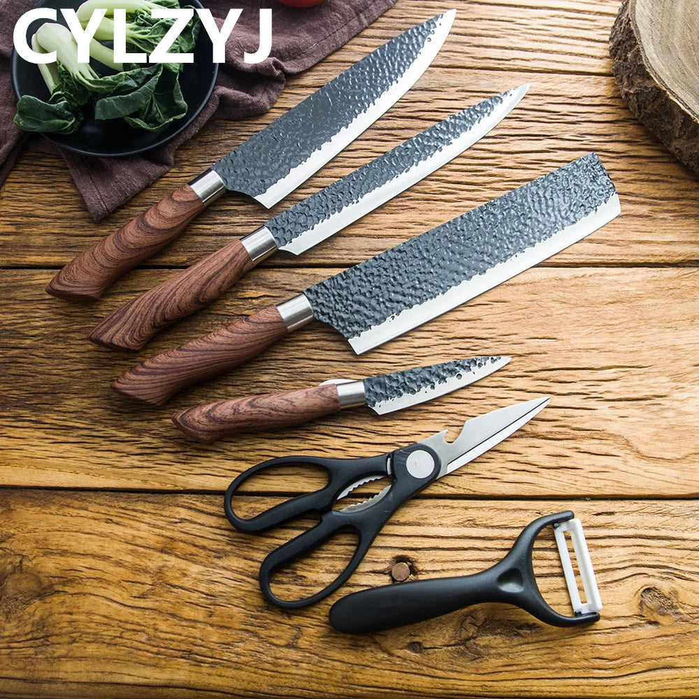 Edelstahl-Küchenmesser-Set: Geschmiedete Küchenmesser, Schere, Keramikschäler, Chefmesser, Schneidmesser, Nakiri, Schälmesser