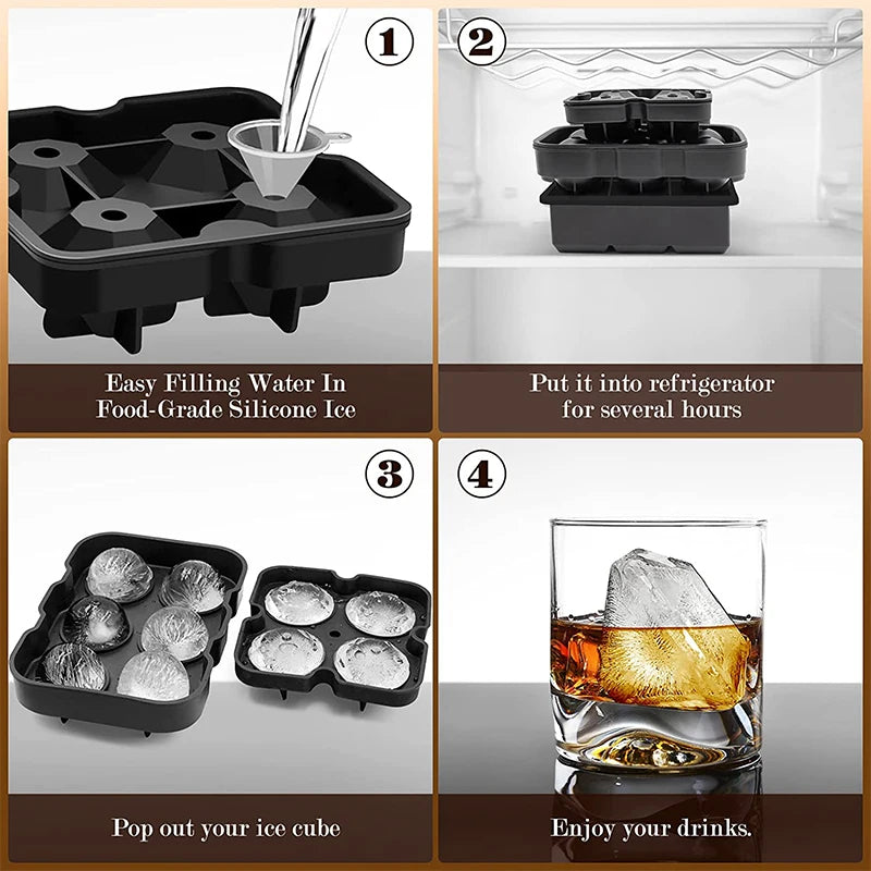 Extra Große Silikon-Eiswürfelschalen mit Deckel – Wiederverwendbare Eiswürfelformen für den Gefrierschrank, inklusive Formen für Whisky-Eiswürfel, Diamant-Eiswürfel und runde Kugeln,