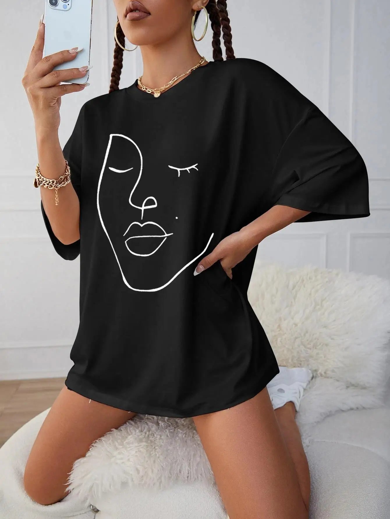 Schlichte Linienmuster Damen T-Shirt mit Gesichtsdruck – Weiche Baumwolle, lockere Passform, kurzärmelig, lässige und bequeme Kleidung