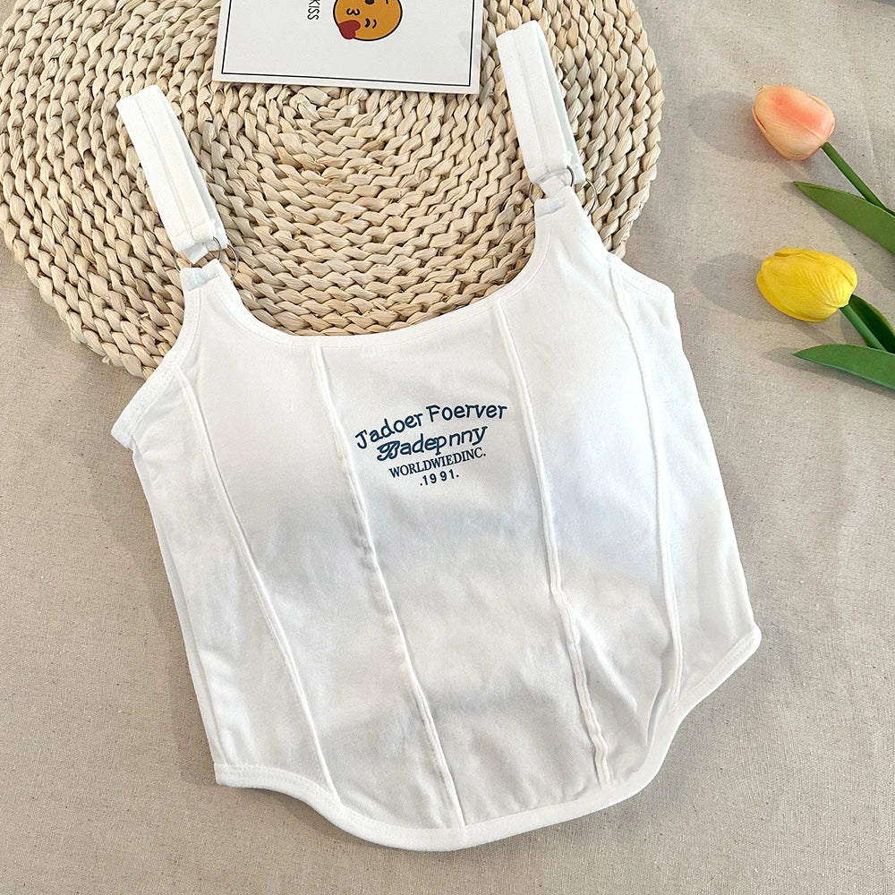 Modische Sommer-Crop-Tops für Frauen – Sexy Camisole mit Letter-Print, Quadrat-Ausschnitt und Polsterung, Y2K Stil, Ärmellos