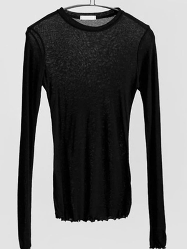 Hochwertiges Damen Shirt – Baumwolle, elastisch, schlichtes Design. Casual Longsleeve für einen sexy, durchsichtigen Look. Ideal als Basic-Bekleidung