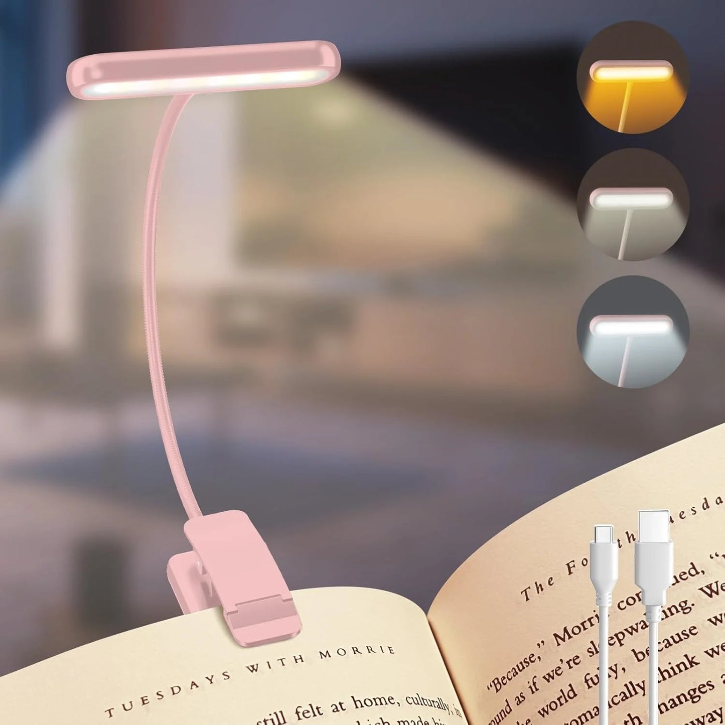 Gritin LED Leselampe 14 LEDs – USB aufladbar, Warm-/Kaltlicht & Tageslichtmodus, Flexibel & leicht anzubringen, Perfekt für Bücher & Nachttisch