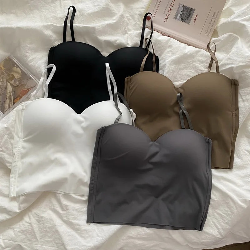 Elegantes Sommer-Camisole für Damen – Tanktop mit dünnen Trägern, aus Ice Silk, einfarbig, mit Cups für zusätzlichen Komfort