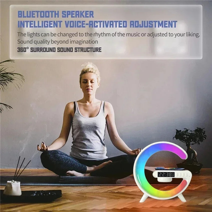 3-in-1 Kabellose Schnellladestation mit RGB-Licht, Bluetooth-Lautsprecher und Alarmfunktion – Perfekt für iPhone, Samsung, Xiaomi und Mehr