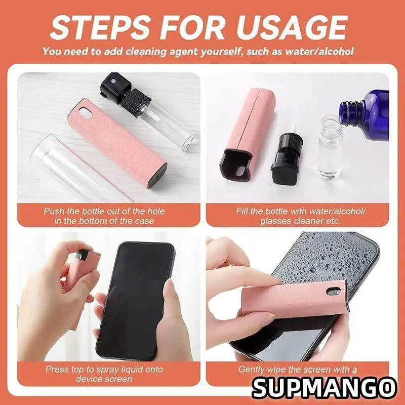 2-in-1 Mikrofaser-Bildschirmreiniger Sprayflasche Set – Handy, iPad, Computer, Mikrofasertuch, iPhone-Reinigung, Brillen-Wischtücher