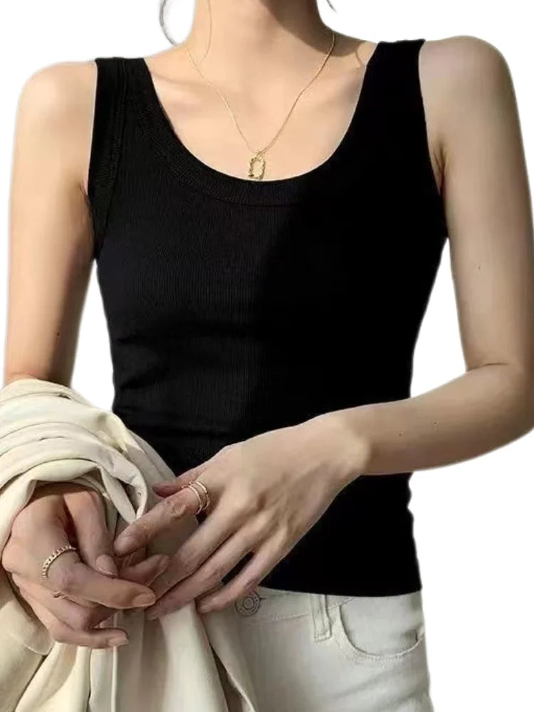 Damen Schlankes ärmelloses Camis – Sexy Strickweste mit Rundhals-Tanktop, Gerippt für den Sommer, Einheitsfarbiges Basic-Leibchen
