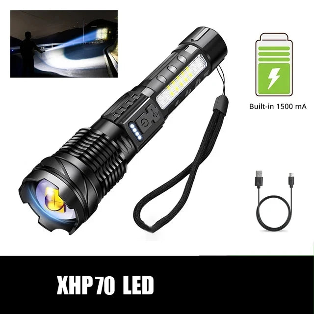 Leistungsstarke XHP50 LED Taschenlampe – Wasserdicht, Wiederaufladbar, 7 Modi, Seitlich Licht, Zoom-Funktion, Ideal für Camping und Angeln