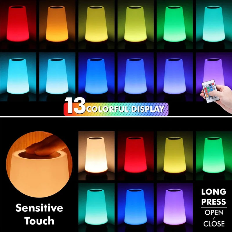13-Farben RGB Nachtlicht mit Fernbedienung – Touch-dimmbare Tisch- und Nachttischlampe, tragbare USB-wiederaufladbare Nachtlampe