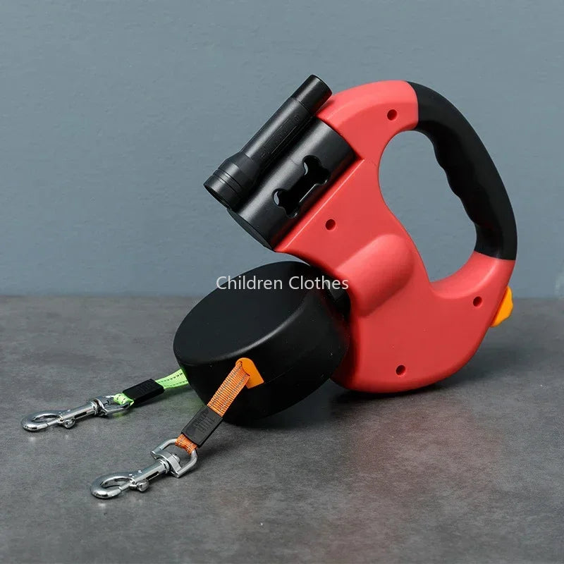 Doppelte Hundeleine mit Licht – Retractable, drehbare Leine für 2 Hunde, tragbar und ideal für sichere Spaziergänge mit LED-Licht