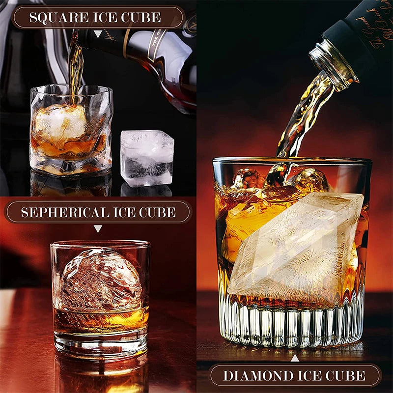 Extra Große Silikon-Eiswürfelschalen mit Deckel – Wiederverwendbare Eiswürfelformen für den Gefrierschrank, inklusive Formen für Whisky-Eiswürfel, Diamant-Eiswürfel und runde Kugeln,