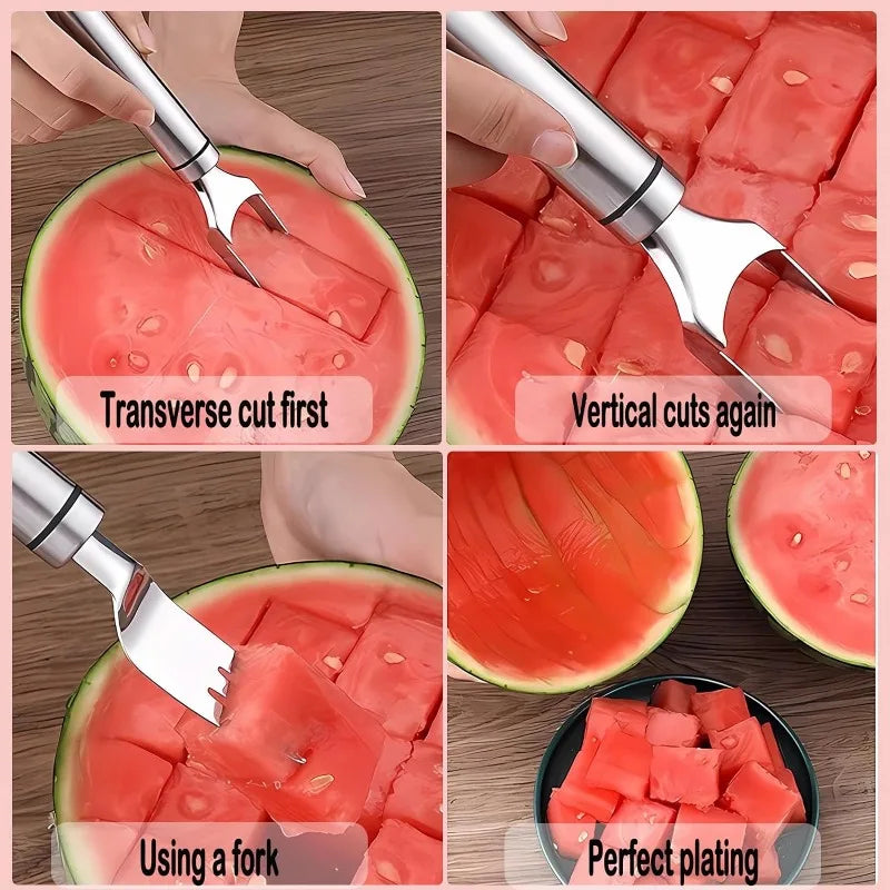 2-in-1 Wassermelonen-Gabel- und Schneider – Edelstahl-Windmühlen-Wassermelonen-Schneider für Salate und Früchte, vielseitiges Schneidwerkzeug