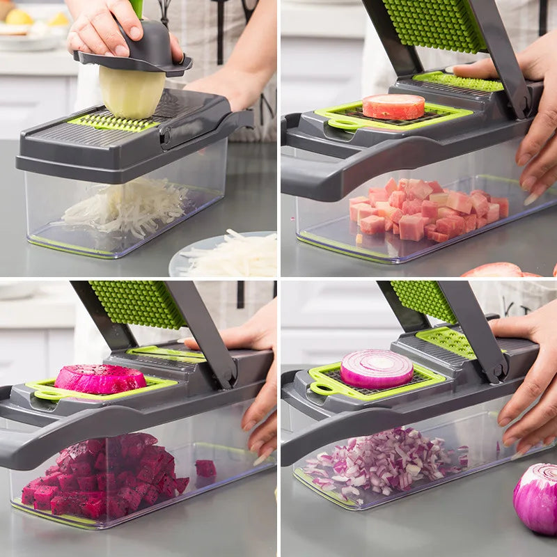 16-in-1 Multifunktionaler Gemüseschneider – Kompletter Küchenhelfer für Gemüse- und Obstschnitten, Zwiebelhobel, Reibe und Slicer, Ideal zum Schneiden,