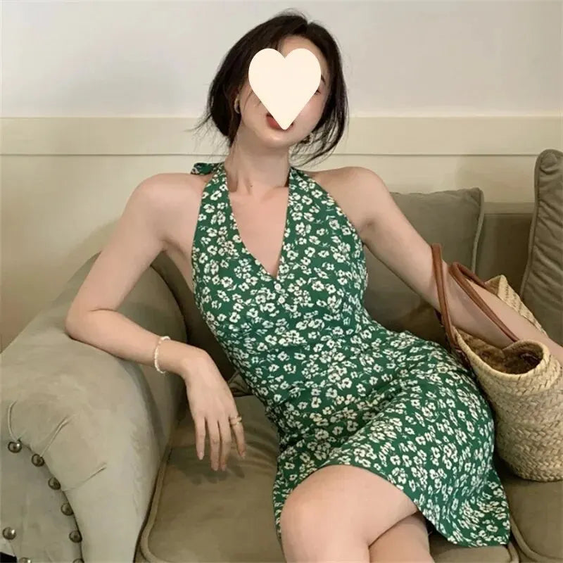 Vintage Damen Sommer Mini-Kleid mit V-Ausschnitt - Neckholder-Design und Blumendruck für eine schlanke A-Linie Silhouette