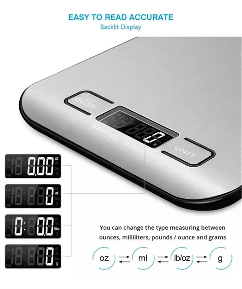 Digitale Küchenwaage aus Edelstahl: 5 kg/10 kg Kapazität, USB-Ladefunktion, präzise Messungen, tragbar, multifunktionales LCD-Display