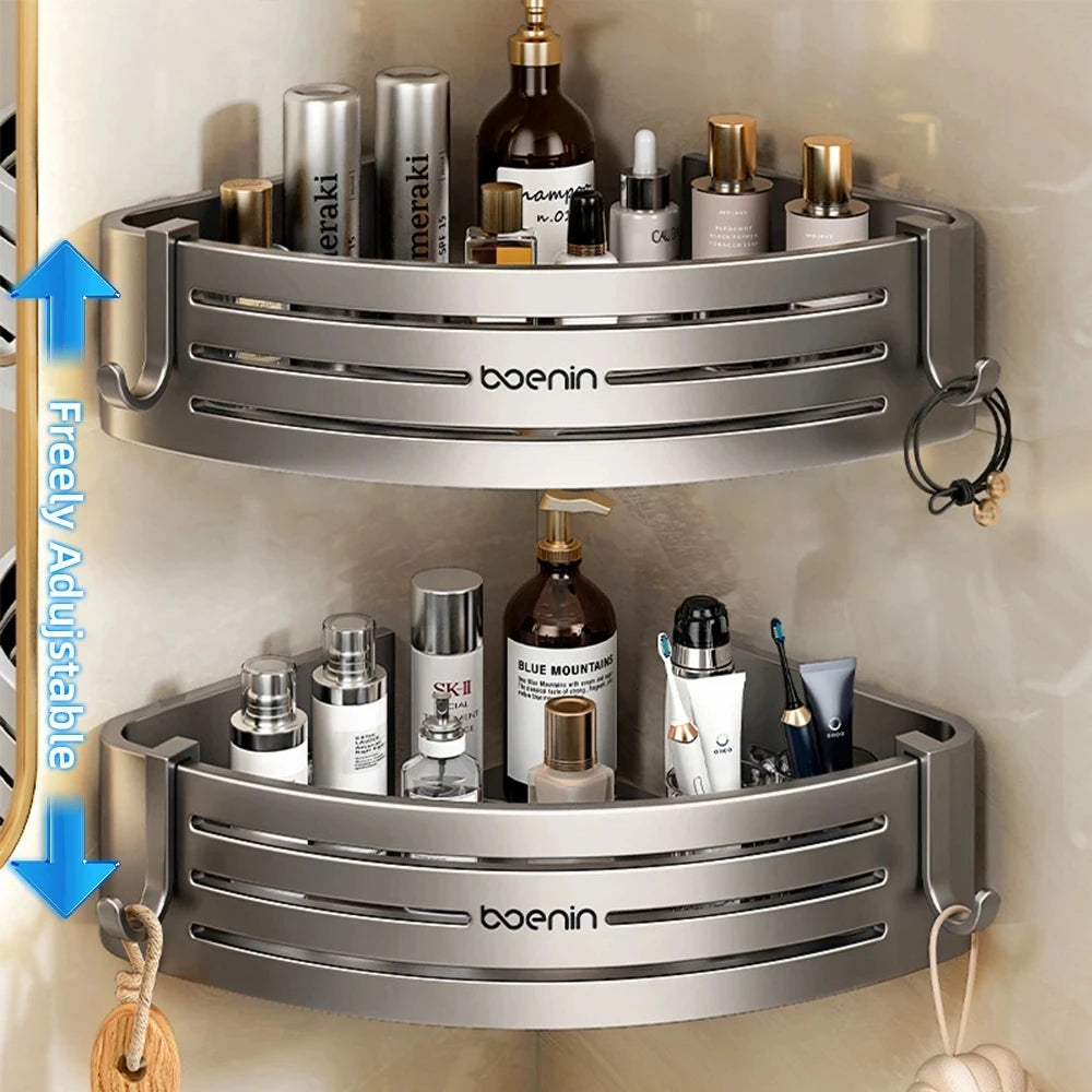 Eck-Duschregal mit Handtuchhalter – Wandmontiertes Badezimmerregal aus Aluminium – Ideal als Shampoo-Halter und Küchenorganizer