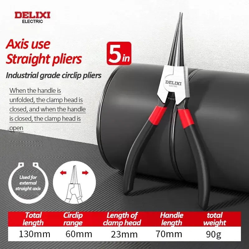 DELIXI Seegerringzange 5 Zoll – Circlip Pliers & Spitzzange, Retaining Ring Zange für Montage & Demontage von Sicherungsringen, Wellen & Lagern