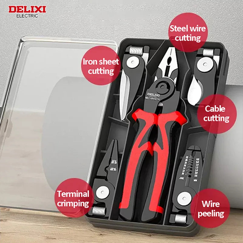 DELIXI Multifunktionszangen-Set 5-in-1 – Interchangeable Plier Heads für Draht, Kabel, Abisolieren, Crimpen & Klemmen, Profi-Werkzeug für Elektrik & Handwerk