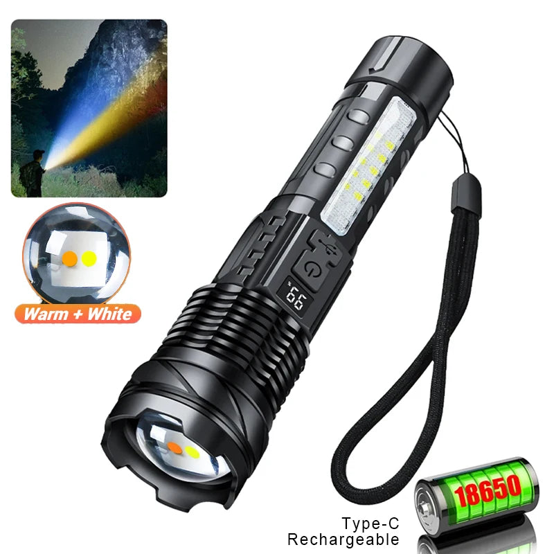 Leistungsstarke XHP50 LED Taschenlampe – Wasserdicht, Wiederaufladbar, 7 Modi, Seitlich Licht, Zoom-Funktion, Ideal für Camping und Angeln
