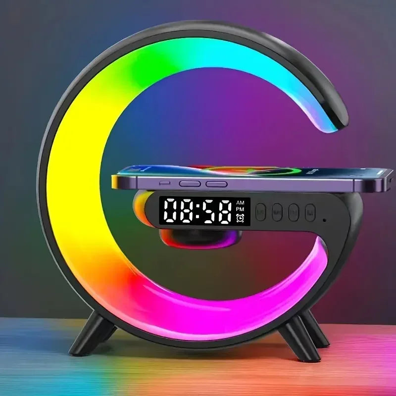 3-in-1 Kabellose Schnellladestation mit RGB-Licht, Bluetooth-Lautsprecher und Alarmfunktion – Perfekt für iPhone, Samsung, Xiaomi und Mehr