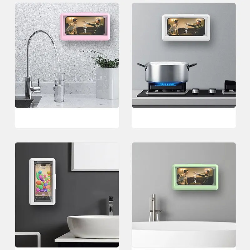 Wasserdichter Handyhalter für das Badezimmer – Selbstklebende Wandhalterung mit Touchscreen, Duschabdeckung und versiegeltem Aufbewahrungskasten für das Smartphone