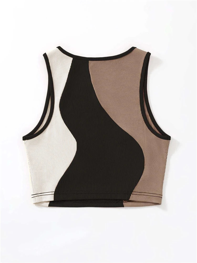 Damen Patchwork Tank Top – Rib-Strick O-Neck Crop Top im Farbblockdesign, Y2K High Street Style