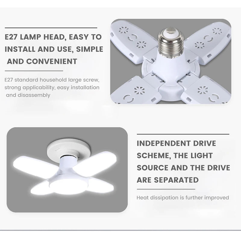 28W Faltbare LED Deckenleuchte mit E27 Sockel, 40W Verformbar, 6500K Weißes Licht für Heim, Garage und Lager, AC220V/110V