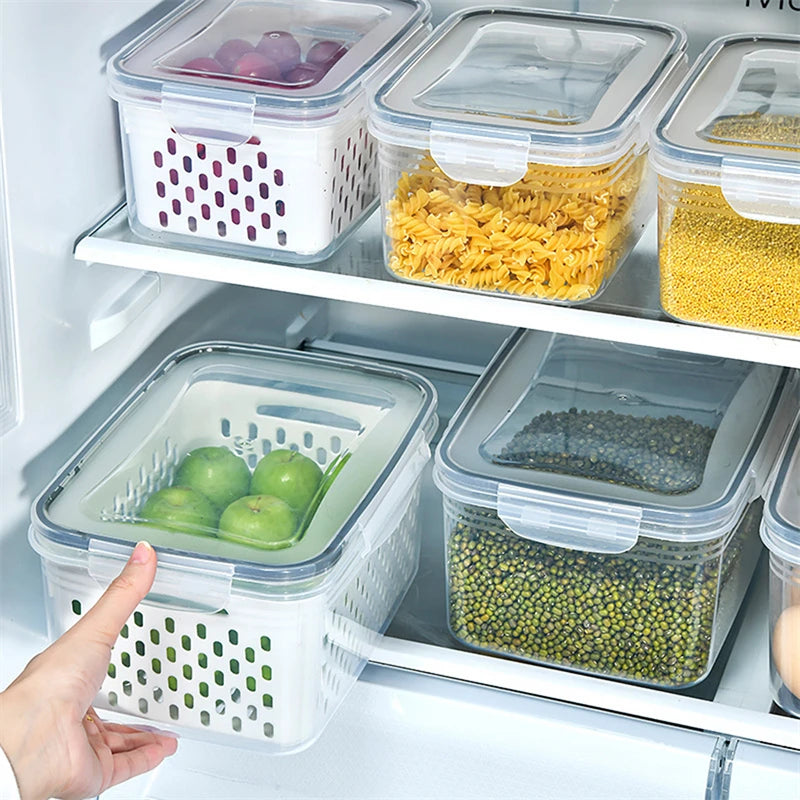 Kühlschrank-Aufbewahrungsbox – Frische Gemüse- und Obstboxen mit Abtropfkorb, Pantry-Küchenorganizer, Kühlschrank-Organizer, Für frisches Obst und Gemüse