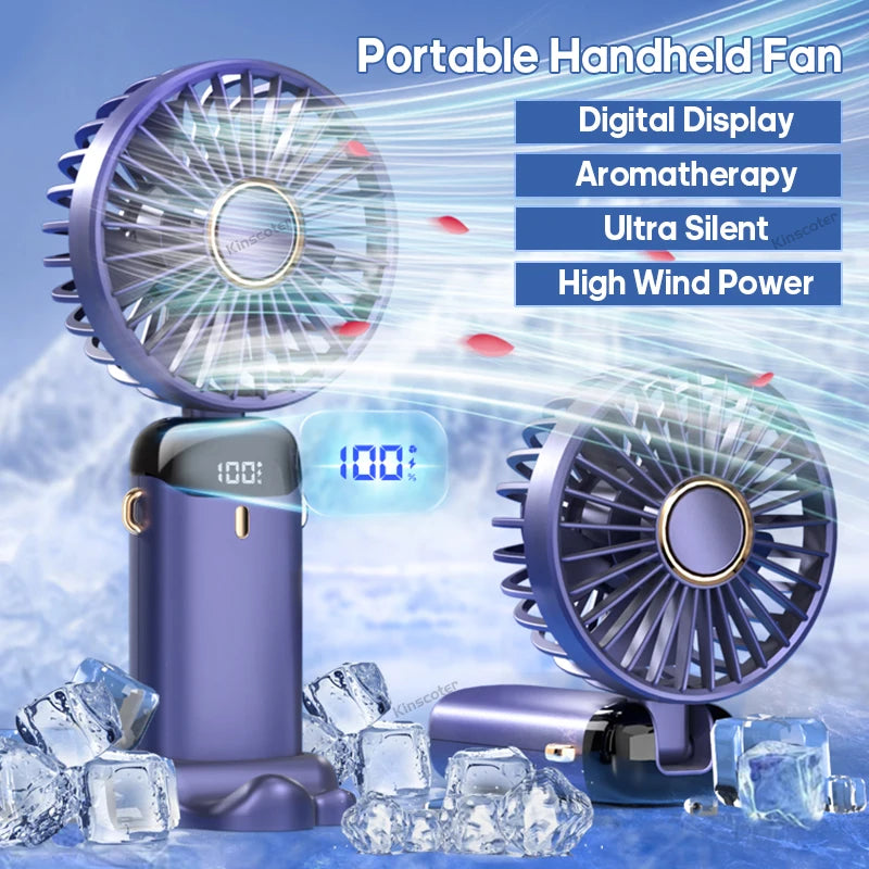 Faltbarer Mini-Handventilator mit USB-Aufladung – Tragbarer 5-Geschwindigkeits-Halsventilator mit Telefonhalter und Display