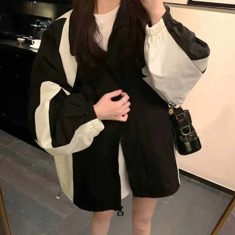 Deeptown Harajuku Zipper College Jacke für Frauen – Oversized Streetwear im Japanischen Stil, Leichte Sonnenjacke