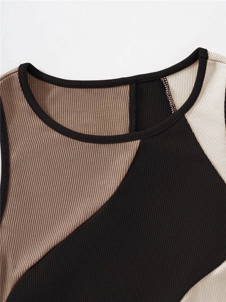 Damen Patchwork Tank Top – Rib-Strick O-Neck Crop Top im Farbblockdesign, Y2K High Street Style