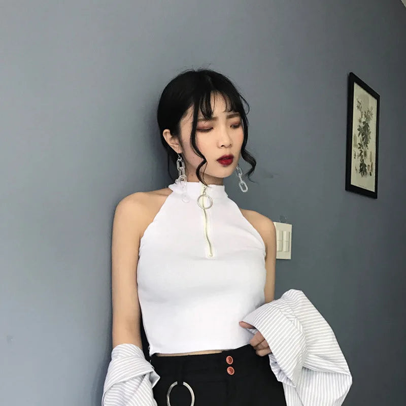 Damen Crop Top mit Reißverschluss – Retro Strick-Leibchen für den Sommer