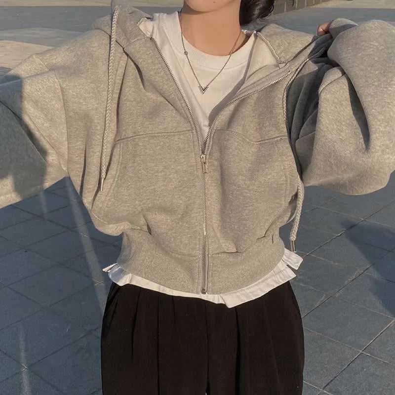 Koreanischer Style: Lässiger Y2K Reißverschluss-Hoodie für Frauen – Einfarbiges, loses Zip-up Sweatshirt