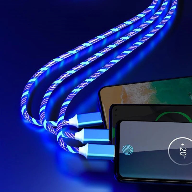 3-in-1 LED Magnet-Ladekabel – Fließendes Lichtdesign, Schnellladung für USB-C, Micro-USB und iPhone