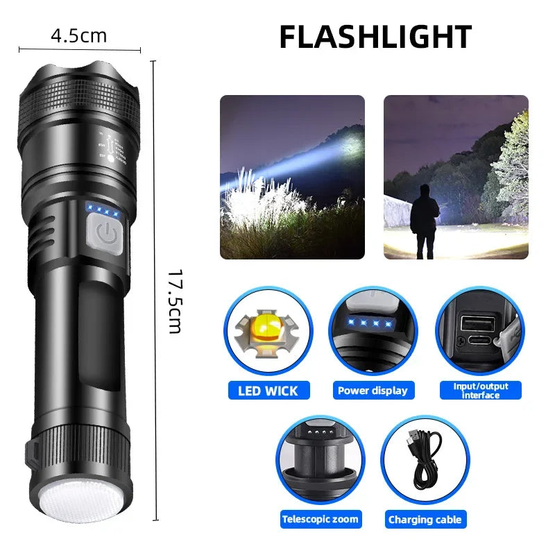 Ultra Helle P70 LED Taschenlampe – 5000 Lumen, Taktische Lampe mit Zoom, Eingebautem 18650 Akku, Perfekt für Notfälle und Outdoor
