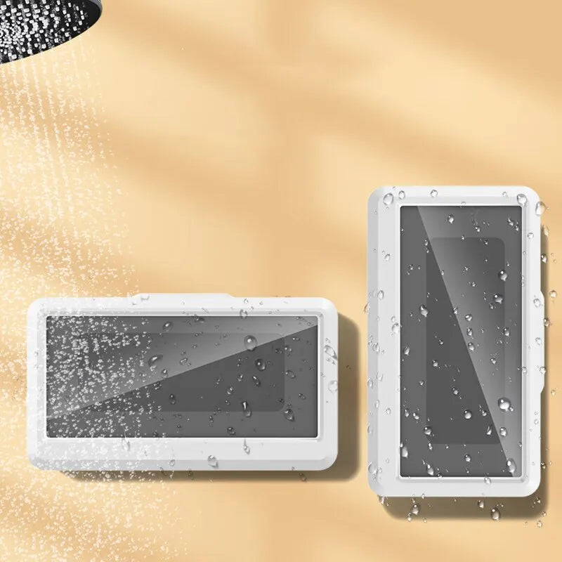 Wasserdichter Handyhalter für das Badezimmer – Selbstklebende Wandhalterung mit Touchscreen, Duschabdeckung und versiegeltem Aufbewahrungskasten für das Smartphone
