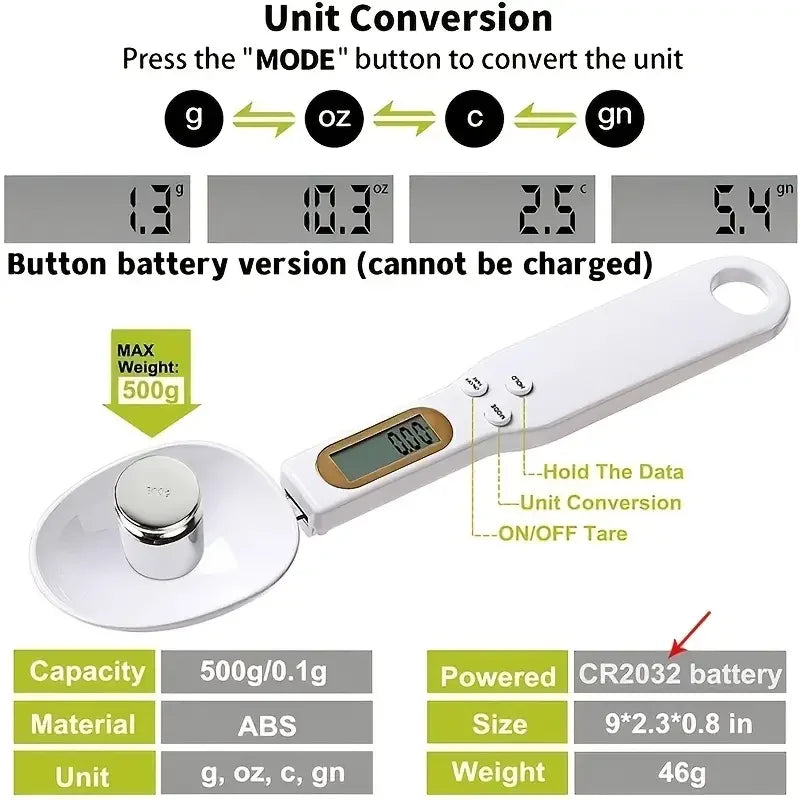 Digitale Mini-Löffelwaage - Elektronische Küchenwaage mit LCD-Anzeige, 0,1-500g Messbereich für Mehl, Milch und Kaffeepulver, Mini-Löffelwaage zum einfachen und genauen Abmessen