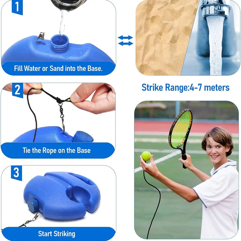 Professioneller Tennis-Trainer mit schwerer Basis und elastischem Seil für intensives Rebound-Training allein oder mit Trainingspartner, Selbstständiger Tennistrainer für zu Hause