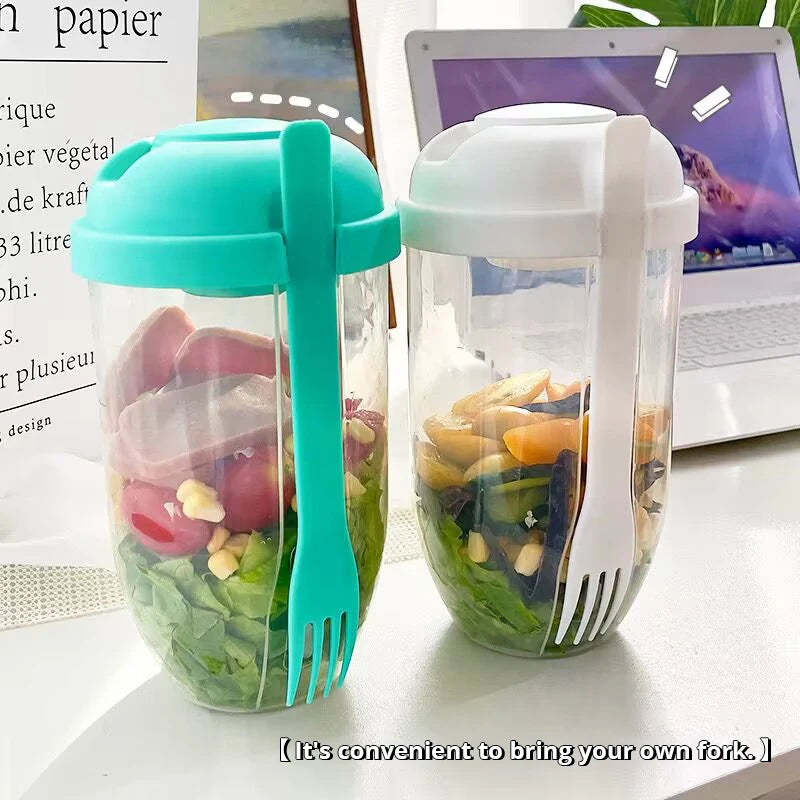 Tragbarer Salatbehälter in Weiß/Grün – Flaschenförmige Bento-Box für Salate, inklusive Gabel, für Mittagessen und unterwegs, Praktische Lunchbox für frische Mahlzeiten, Moderner Salatbecher