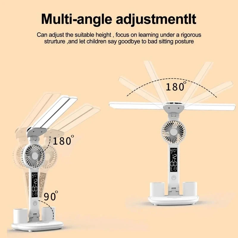 3-in-1 Wiederaufladbare Tischlampe – LED Leselampe mit Ventilator und digitaler Uhranzeige, Perfekt für Studenten unf Office