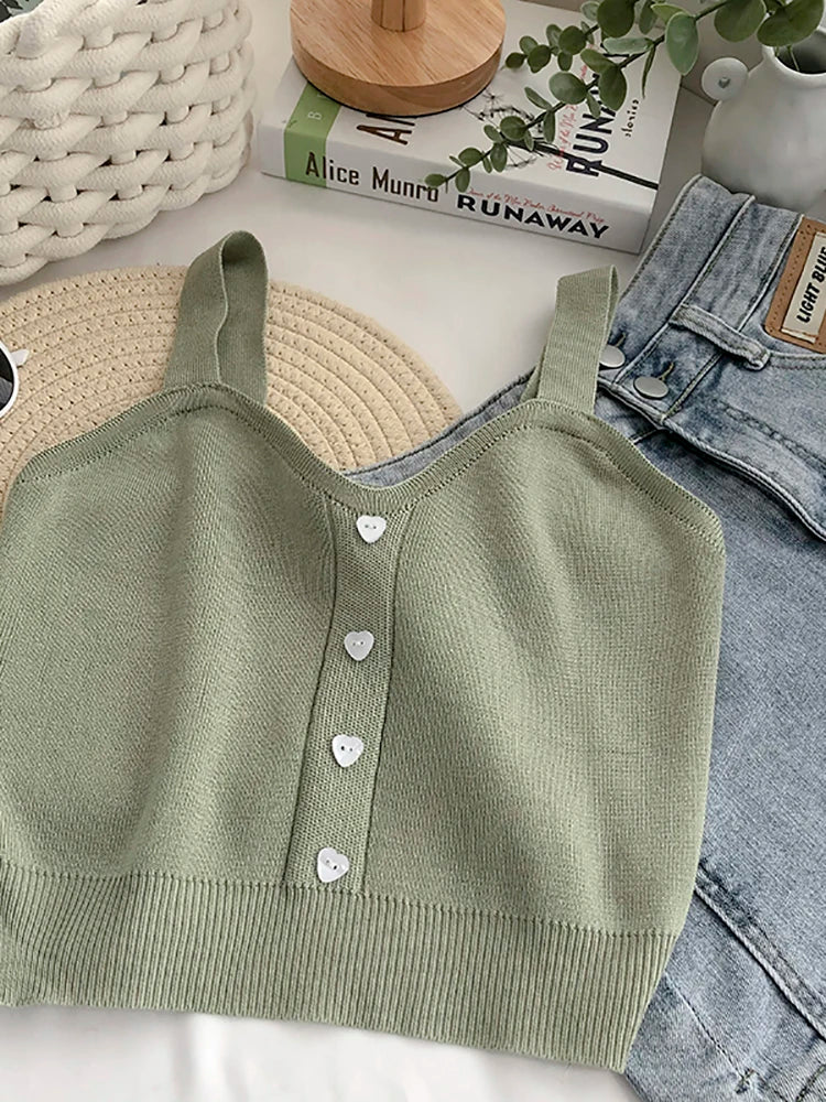 Niedliche Gestrickte Weiche Strand Outwear Tanktops für Frauen - Crop Tops mit Knöpfen für den Sommer