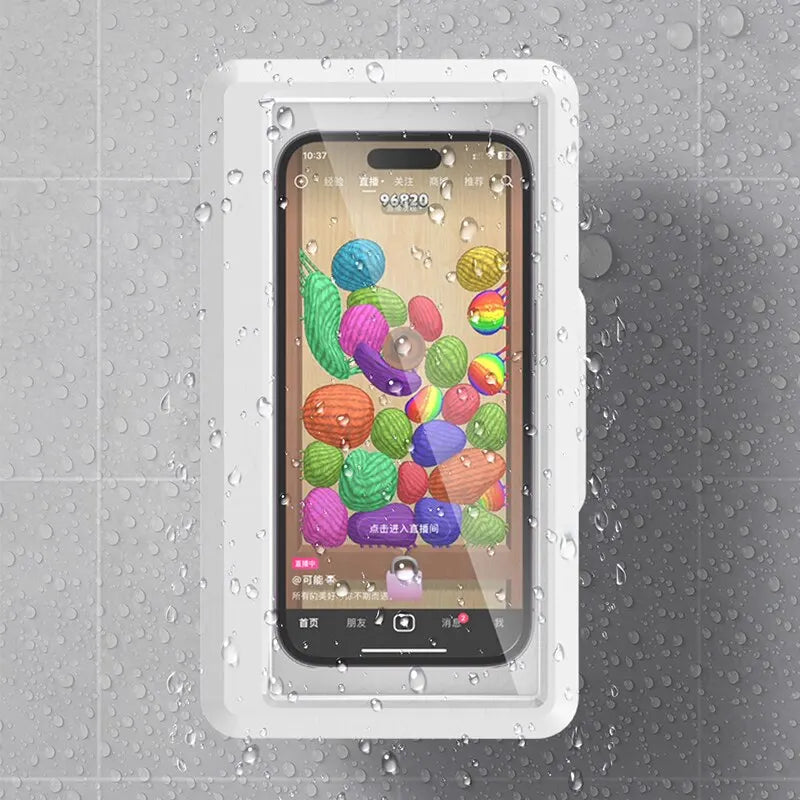 Wasserdichter Handyhalter für das Badezimmer – Selbstklebende Wandhalterung mit Touchscreen, Duschabdeckung und versiegeltem Aufbewahrungskasten für das Smartphone