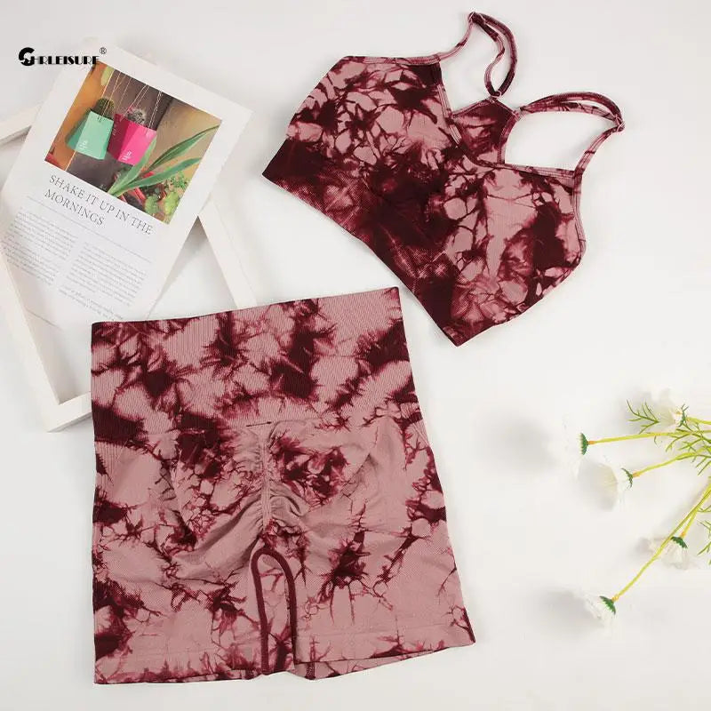 Tie-Dye Yoga Set für Damen – Nahtloses Sport-Outfit mit Radlerhose und Sport-BH, ideal für Yoga, Radfahren und Fitnessstudio – Elastisches, stilvolles Trainingsoutfit in trendigem Farbverlauf-Design