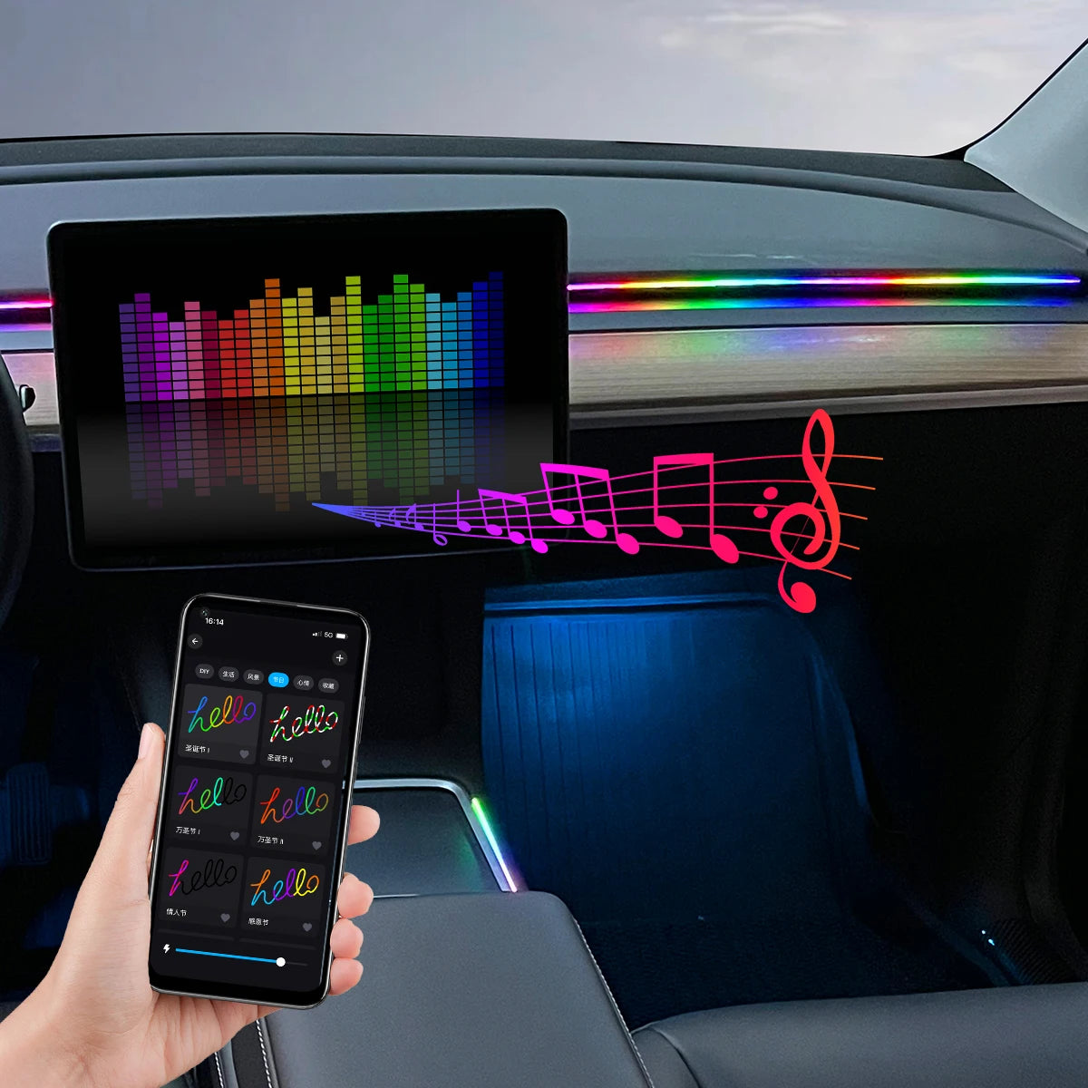 Auto-Ambiente-Lampe mit RGB-Symphonie – USB-geladen, für stilvolle Beleuchtung und App-Musiksteuerung