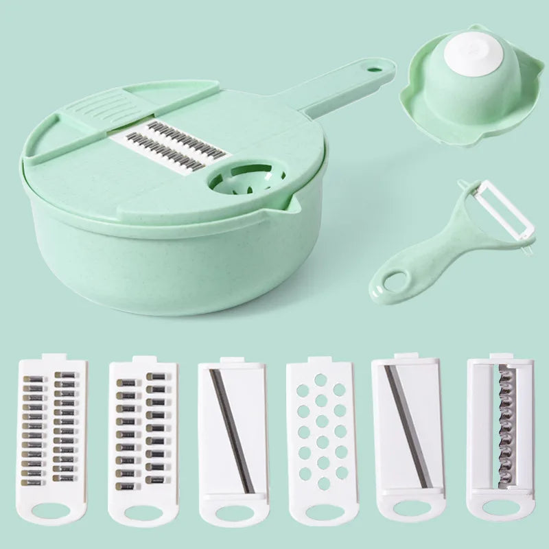Küchen-Set, Multifunktionale Küchensalatwerkzeuge in Grün/Blau/Rosa - Manuelle Gemüseschneider und Hobel für Karotten und Kartoffeln, Praktische Küchenhelfer