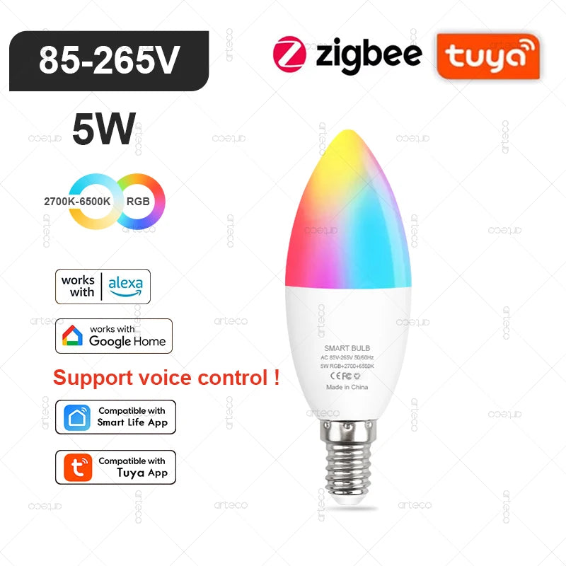 Tuya Smart LED-Lampe – E27/E14/GU10, WiFi & Zigbee, Dimmbar, 2700–6500K RGB, Kompatibel mit Alexa & Google Home